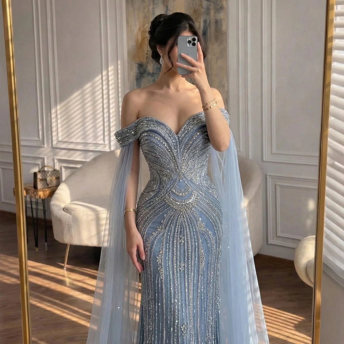 Serene Hill Dusty Blue Off-Shoulder Evening Dress Heavy Beaded Mermaid Party Gown with Elegant Cape Sleeves Customized DLA73151