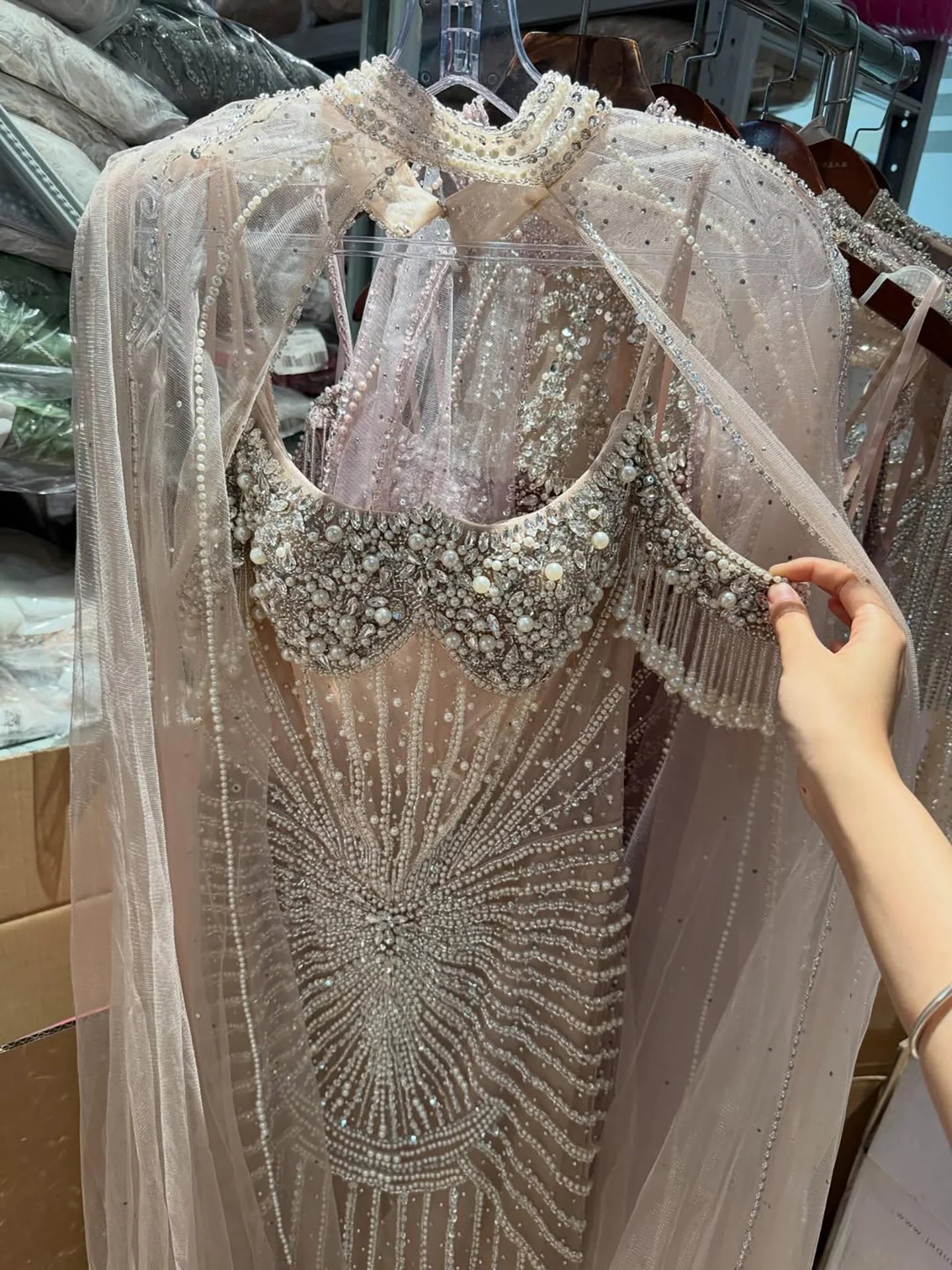 Serene Hill Caramel Pearl Beaded Illusion Mermaid Evening Gown 2026 Party Dresses with Sheer Cape DLA73148C Customized