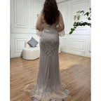 Serene Hill Customized Silver Beaded Mermaid Evening Dresses 2025 Full Sleeves Elegant Party Gowns For Women DLA71036