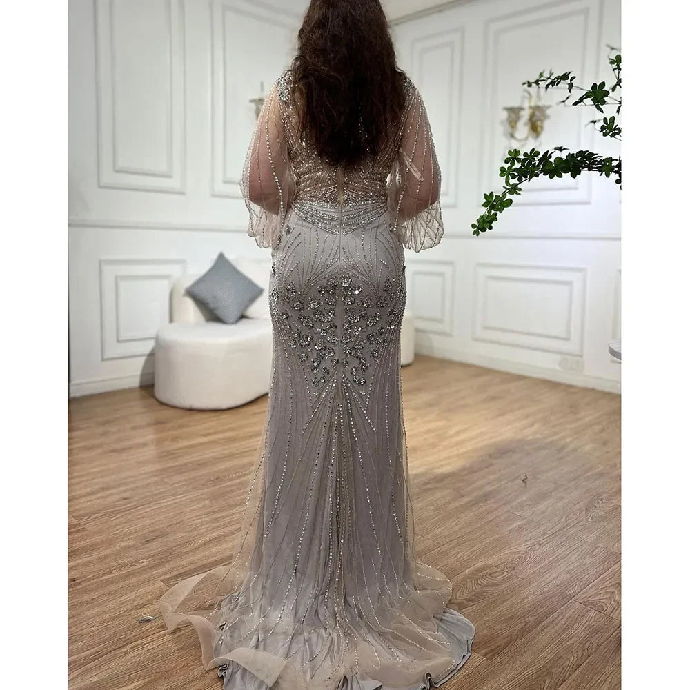 Serene Hill Customized Silver Beaded Mermaid Evening Dresses 2025 Full Sleeves Elegant Party Gowns For Women DLA71036