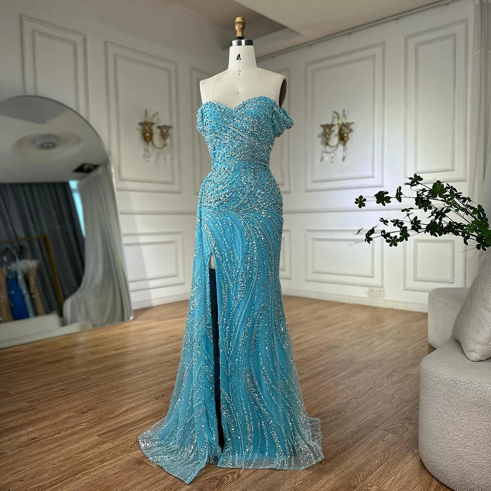 Serene Hill Light Blue Off Shoulder Mermaid High Split Beaded Evening Dresses Party Gowns For Women 2025 DLA72262 Customized