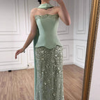 Vestido de Noite de Sereia com Contas Verde Sálvia de Luxo LA73050C