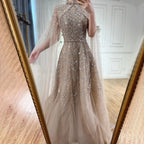 Serene Hill Customized 2025 Blue Beaded A-Line Cape Sleeves Formal Evening Dresses Elegant Party Gowns for Women DLA72728