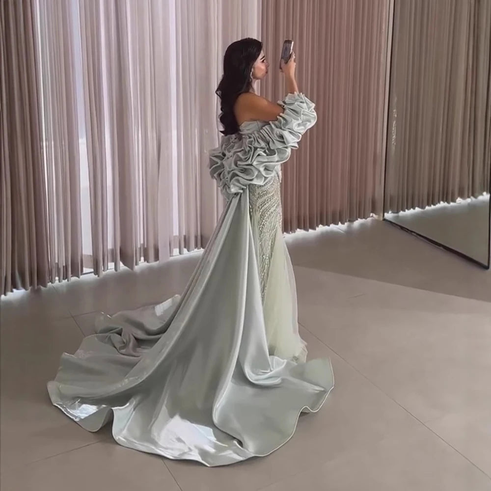 Serene Hill Luxury Sage Green Mermaid Evening Dress with Cape 2026 Elegant Beaded Party Gowns for Women DLA73201 Customized