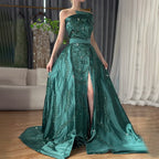 Serene Hill Customized 2024 Green One-Shoulder Satin Evening Gown Beaded Dress with Overskirt and Split for Women DLA72178