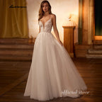Lakshmigown V Neck Spaghetti Straps Beach Wedding Dresses For Women 2026 Beads Lace Shinny Boho Bridal Party Gown Customized