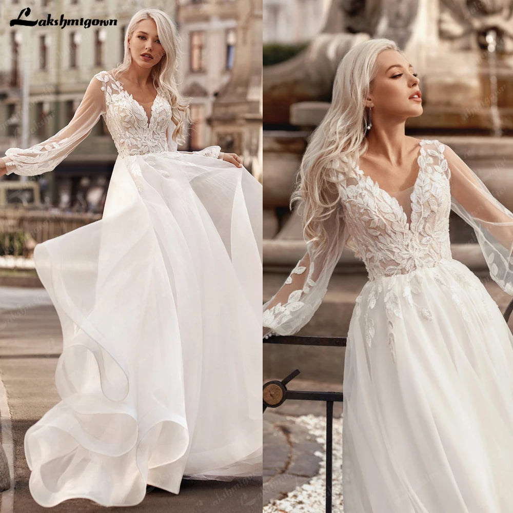 Lakshmigown Lace Tulle Beach Wedding Dresses Vestidos V Neck Women Long Boho Bride Gowns vestidos para eventos especiales