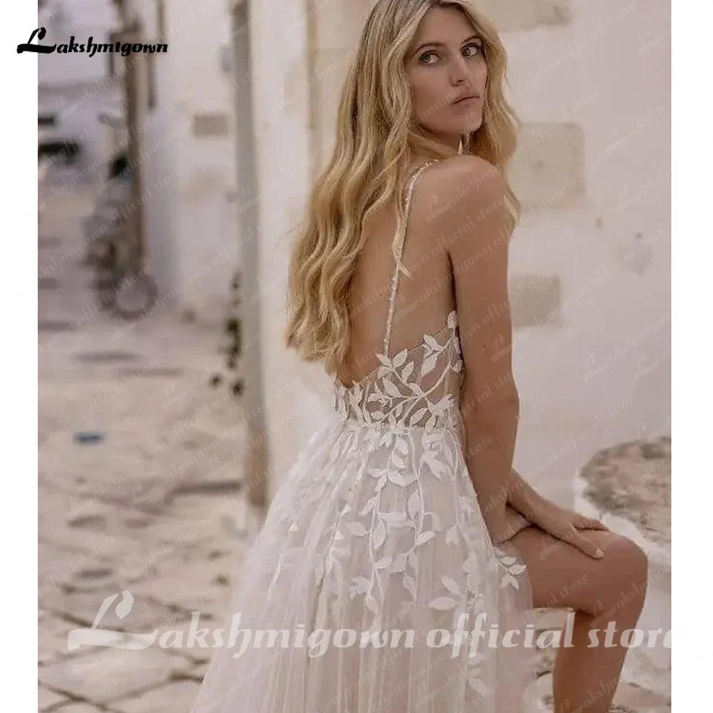 Lakshmigown Summer Split Side Lace Appliques V Neck Wedding Dress for Women Spaghetti Straps Bridal Gown Abito Da Sposa