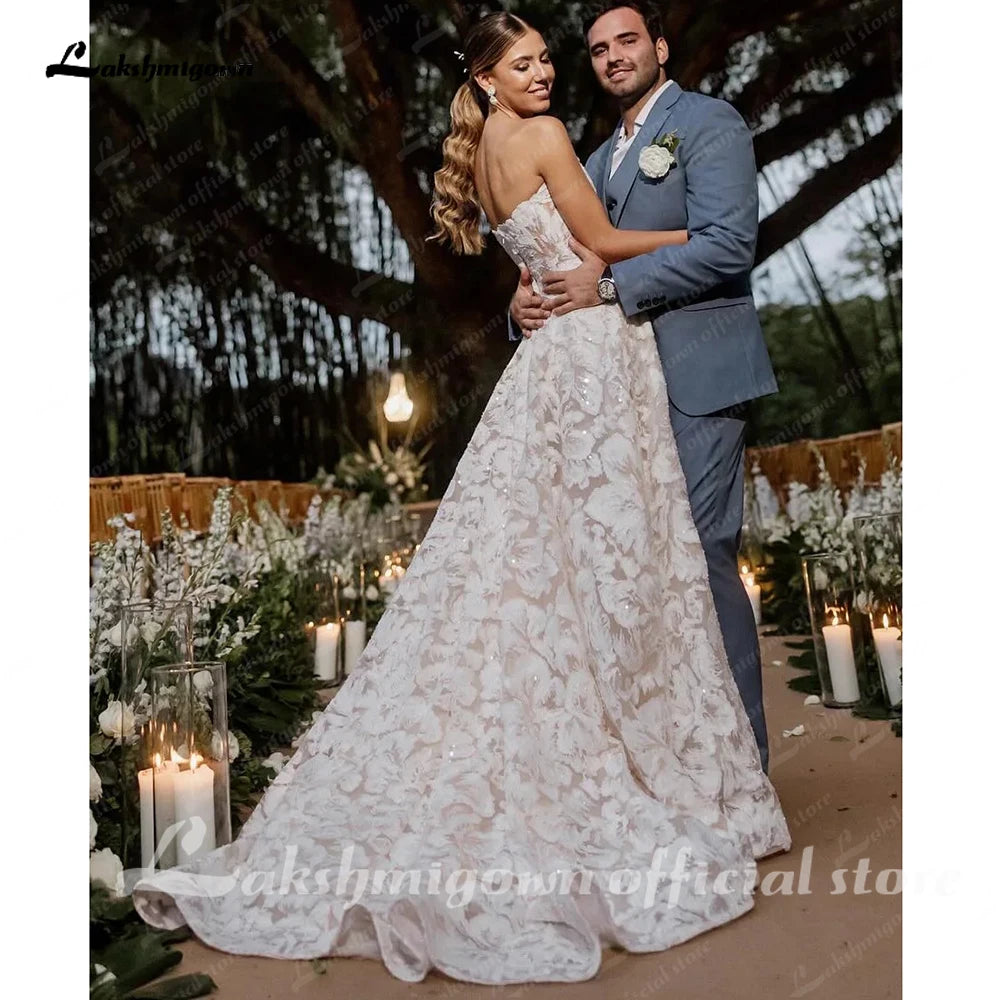 Lakshmigown Full Lace Strapless Wedding Dress Featuring Stunning Lace Appliques and Floral A-Line Bridal Dress Customized
