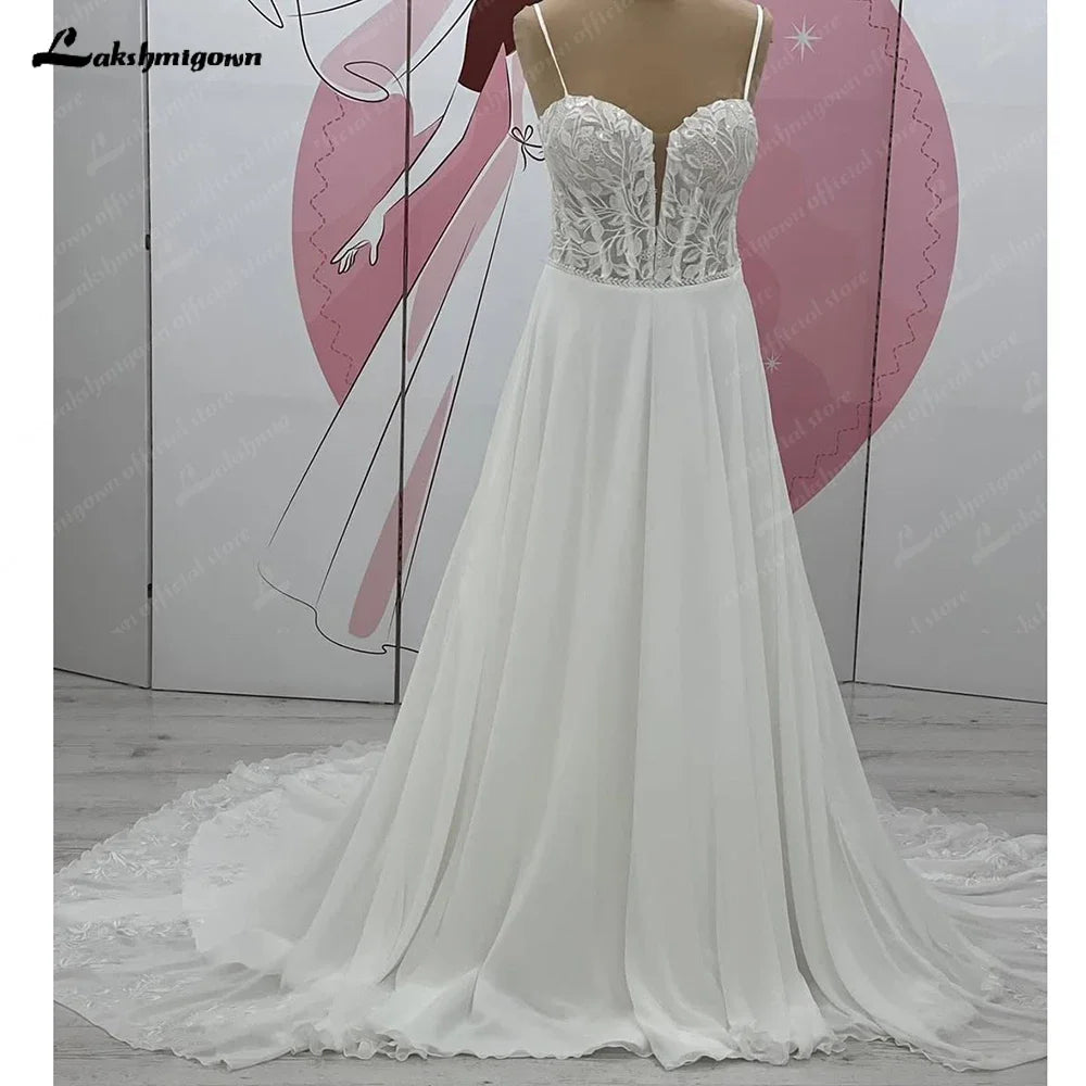 Lakshmigown Sweetheart A Line Wedding Dress Chiffon Spaghetti Straps Sweep Train Wedding Gown Customized Vestido De Noche