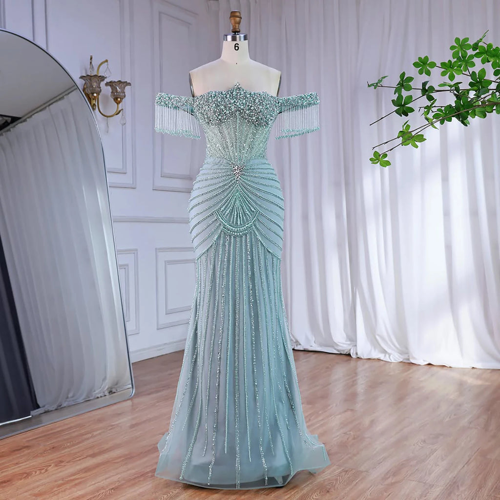 Serene Hill Red Mermaid Beaded Pearl Off-Shoulder Evening Gown 2026 High End Couture Party Dress for Women Customized DLA73148A