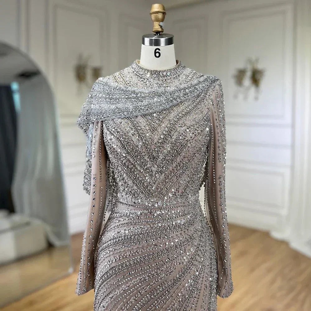 Serene Hill 2025 Muslim-inspired Silver Nude Beaded Sparkle Elegant Mermaid Evening Dresses Gowns for Party DLA70752H Customized