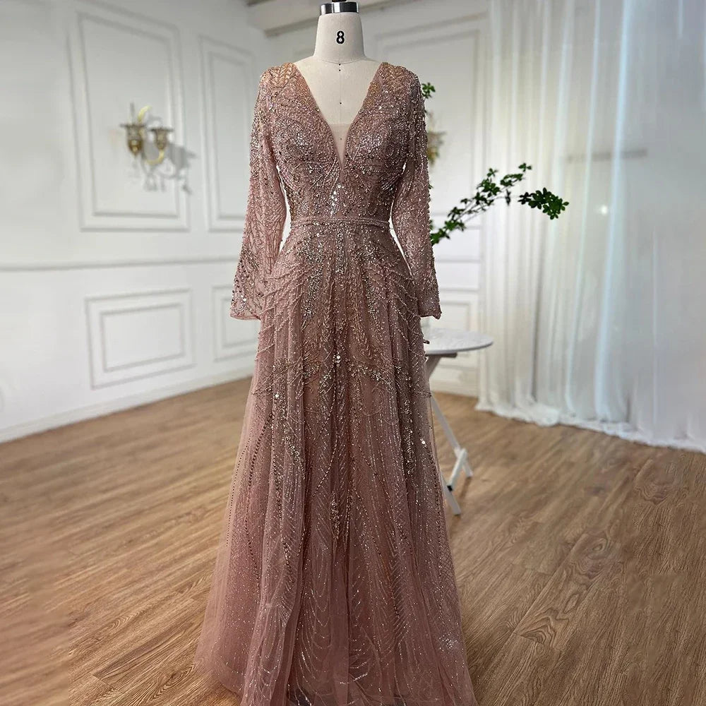 Serene Hill Ccustomized Rose Gold Long Sleeves A-Line Beaded Evening Party Gowns Mother of the Bride Dress DLA70287L