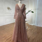 Serene Hill Ccustomized Rose Gold Long Sleeves A-Line Beaded Evening Party Gowns Mother of the Bride Dress DLA70287L
