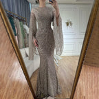 Serene Hill 2025 Flared Sleeves Caramel Beaded Dubai Mermaid Evening Dresses Gowns for Party DLA72771 Customized