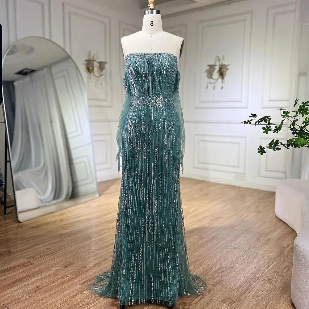 Serene Hill Turquoise Strapless Mermaid Beaded Evening Party Dresses Gowns with Gloves Customized DLA71950