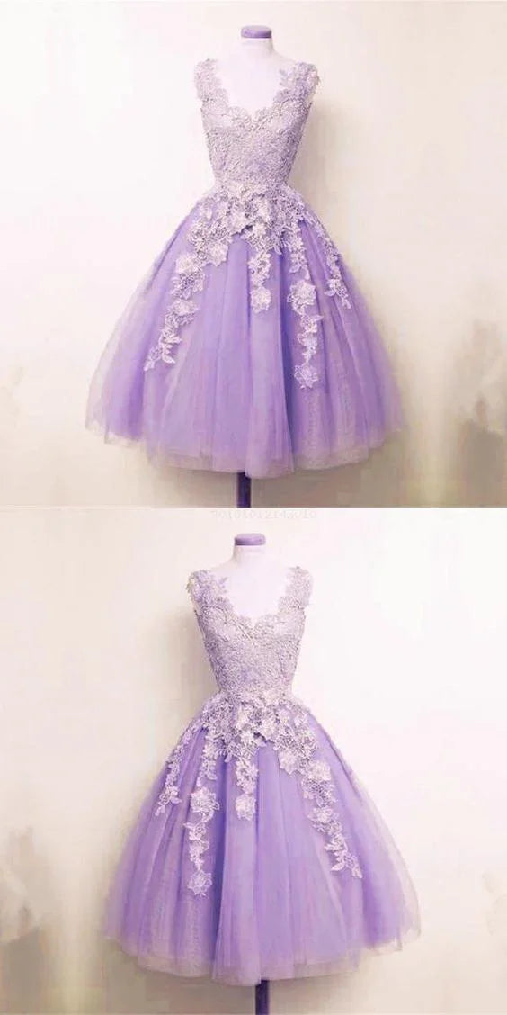 Vestido de Regreso a Casa con Aplicaciones de Encaje de Tul Lila Vestido Corto de Línea A para el Regreso a Casa S10571