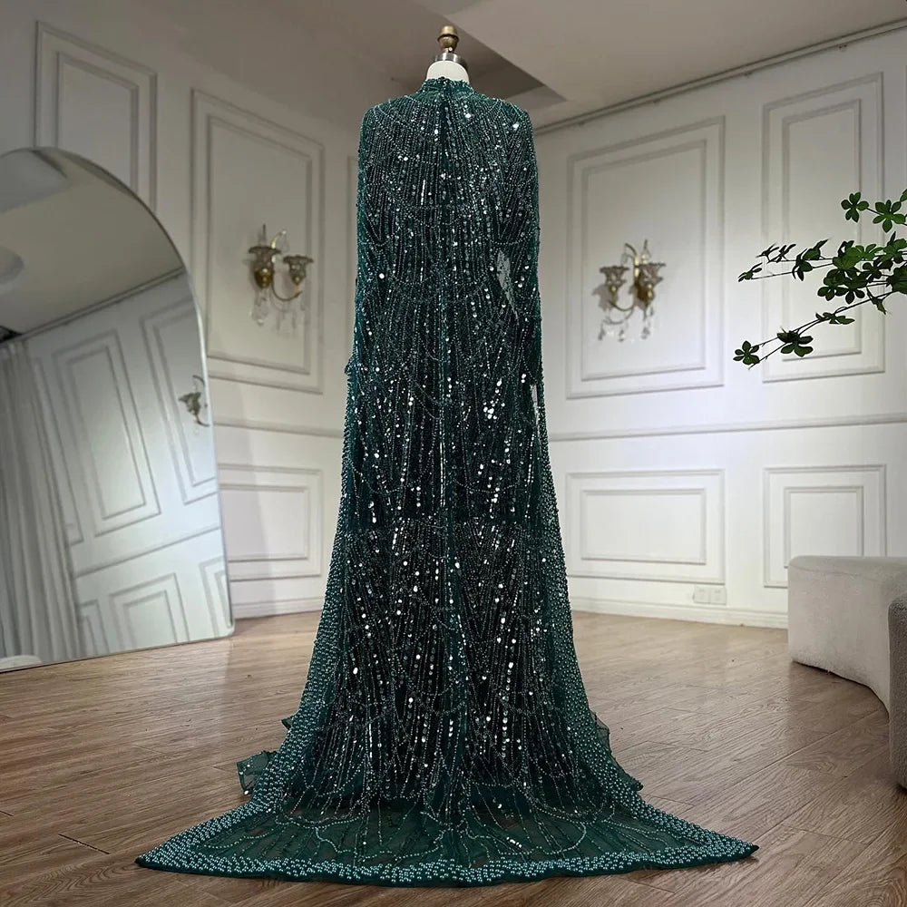 Serene Hill Customized Green Long Sleeve A-Line Evening Dresses with Cape Muslim Wedding Party Gowns For Women LA72032B