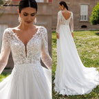 Lakshmigown Lace V-Neck Chiffon Wedding Dress for Women A-Line Sweep Train Backless Vestidos De Novia  Customized