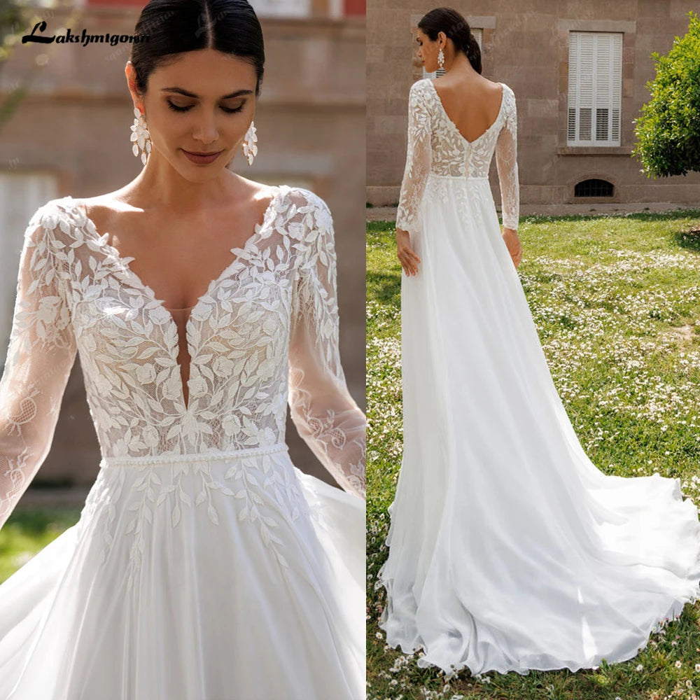 Lakshmigown Lace V-Neck Chiffon Wedding Dress for Women A-Line Sweep Train Backless Vestidos De Novia  Customized