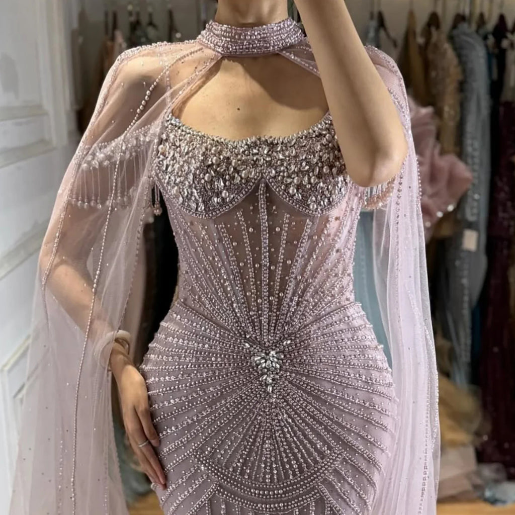 Serene Hill 2026 Pearl Beaded Mermaid Caramel Evening Dresses Elegant Formal Party Gown with Sheer Cape Customized DLA73148C