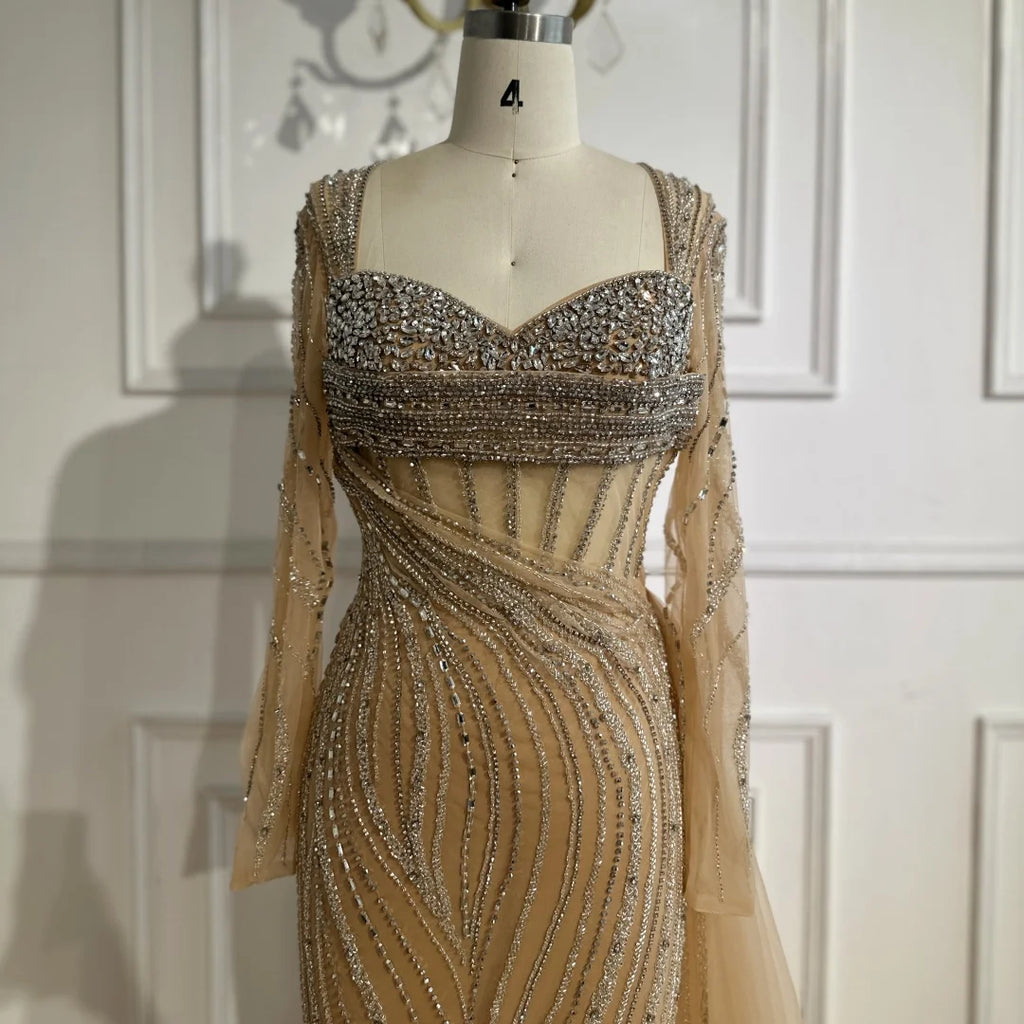 Serene Hill Nude Long Sleeves Beaded Evening Dresses with Skirt 2025 Party Gowns for Formal Occasion DLA72812 Customized