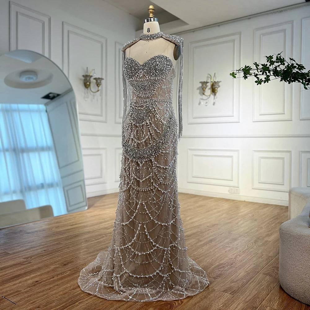 Serene Hill Nude Strapless Mermaid Pearls Beaded Evening Gowns Luxury Party Dress with Tassel DLA72876 Customized