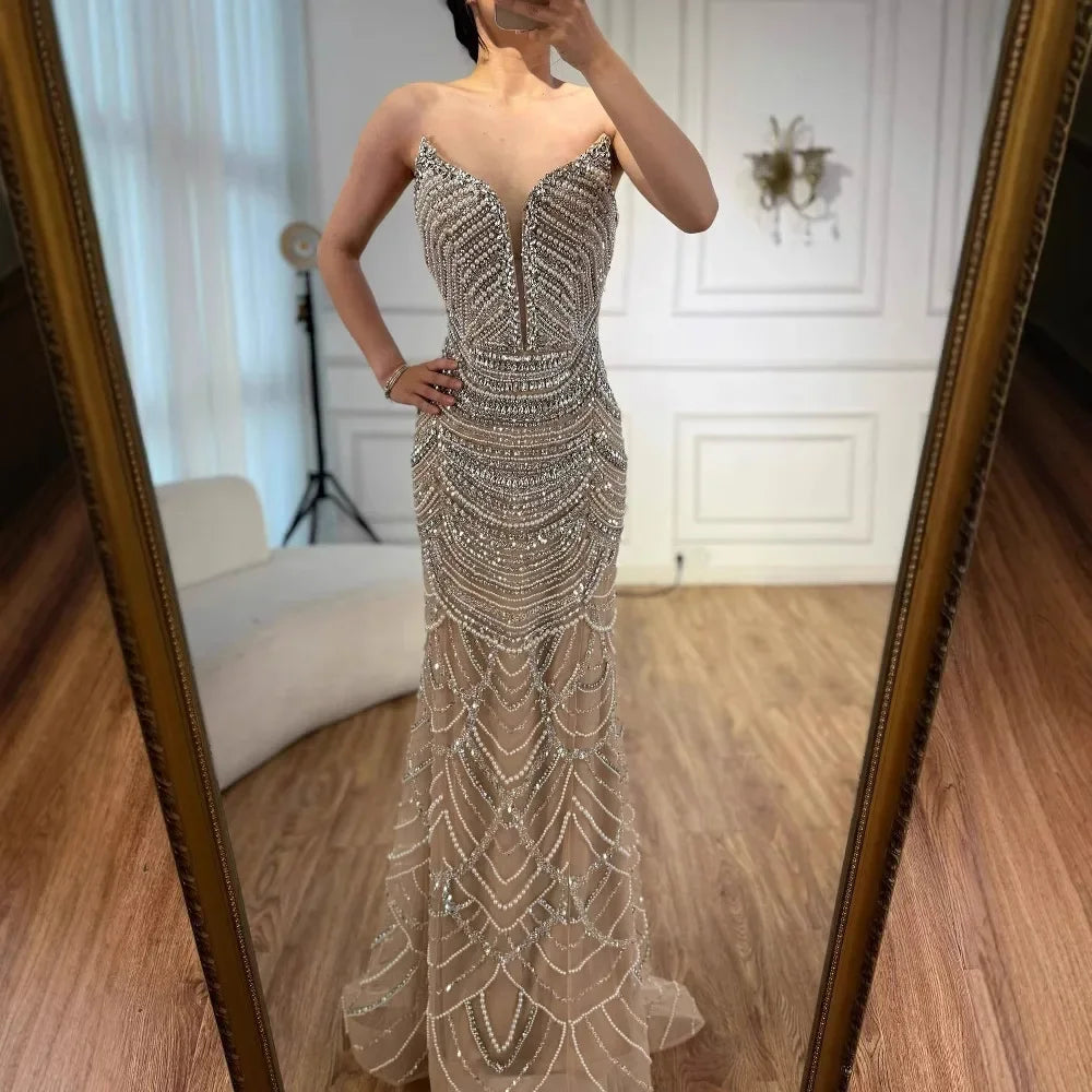 Serene Hill Mermaid Beaded Pearls Evening Gala Dresses 2026 High End Strapless Party Gowns Robe De Soiree DLA72900 Customized