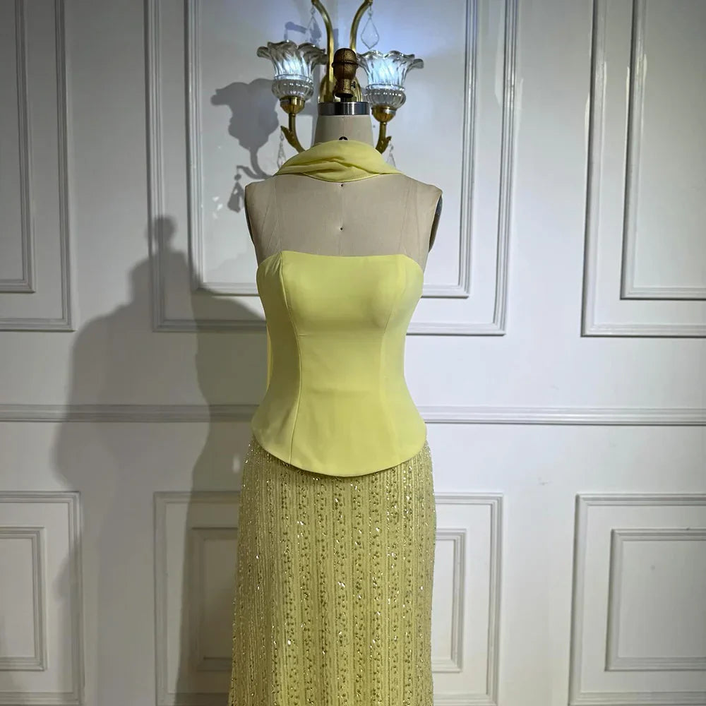Vestido de Noite de Sereia em Chiffão Amarelo de Luxo com Capa LA73007
