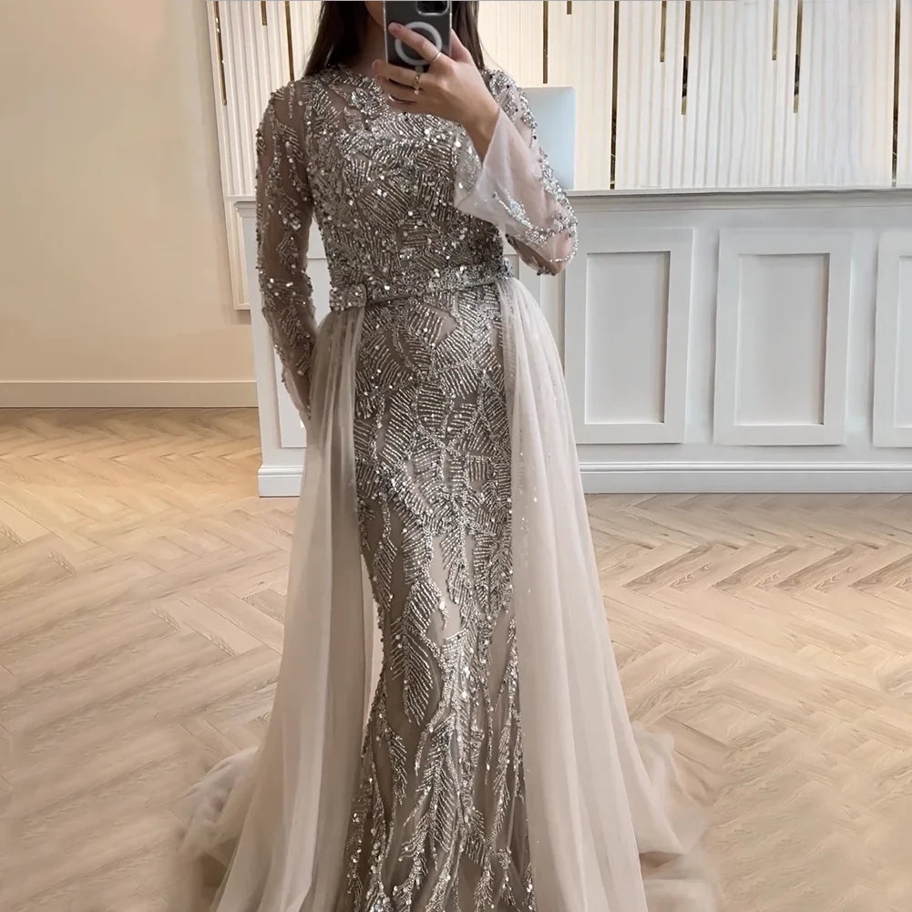 Customized Turquoise Mermaid Party Gown Overskirt Beaded Evening Dress for Women Wedding | Nightbubo