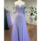Serene Hill Customized Turquoise Off Shoulder Mermaid Beaded Evening Dresses Overskirt Split Party Gowns for Women rts DLA71728