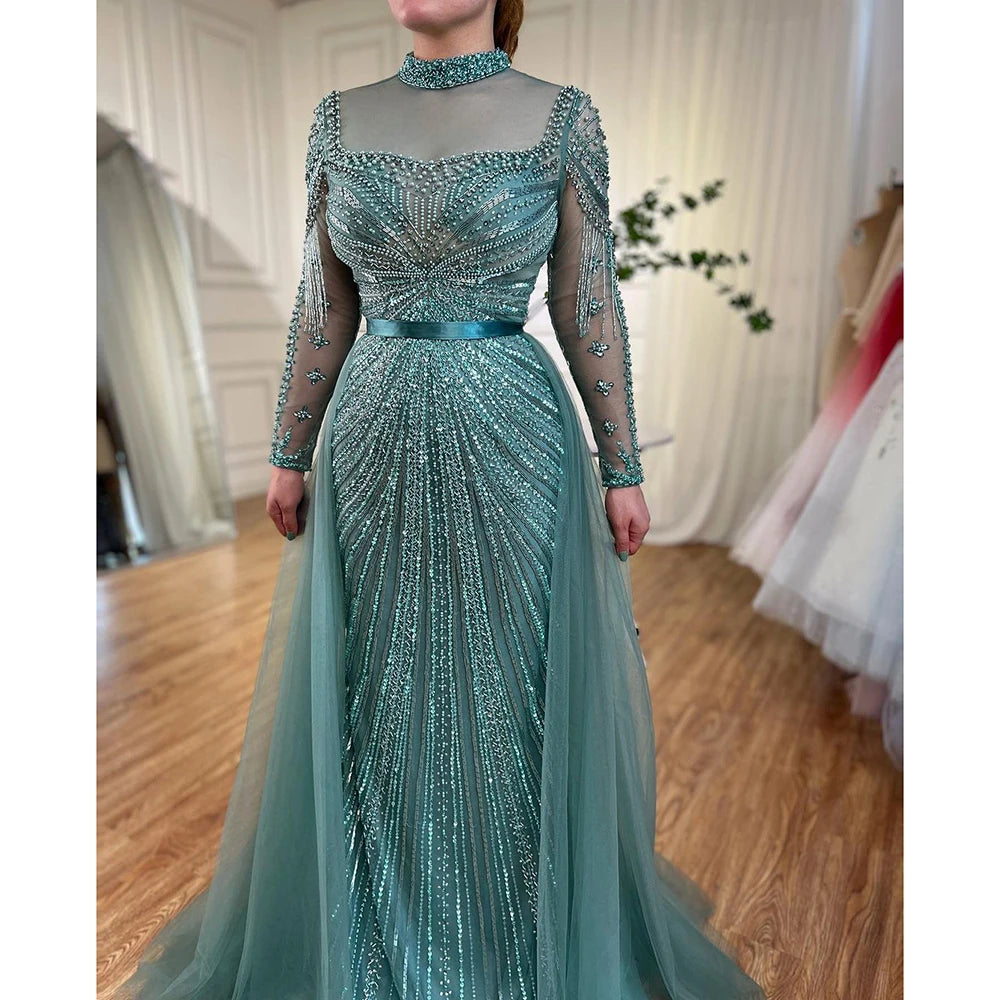 Serene Hill Customized Nude Long Sleeves Beaded Mermaid Dubai Evening Dresses 2025 Muslim Party Gowns for Veiled Women DLA71533