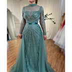 Serene Hill Customized Nude Long Sleeves Beaded Mermaid Dubai Evening Dresses 2025 Muslim Party Gowns for Veiled Women DLA71533