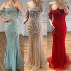 Serene Hill Red Mermaid Beaded Pearl Off-Shoulder Evening Gown 2026 High End Couture Party Dress for Women Customized DLA73148A