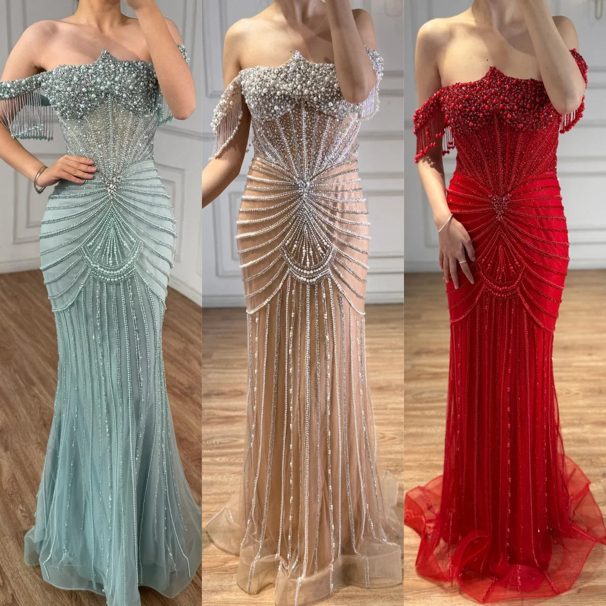 Serene Hill Red Mermaid Beaded Pearl Off-Shoulder Evening Gown 2026 High End Couture Party Dress for Women Customized DLA73148A