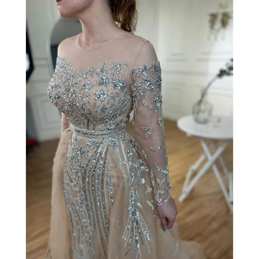 Serene Hill Customized Nude Long Sleeves Mermaid Beaded Muslim Evening Dresses Overskirt Dubai Party Gowns For Women DLA71943