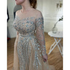 Serene Hill Customized Nude Long Sleeves Mermaid Beaded Muslim Evening Dresses Overskirt Dubai Party Gowns For Women DLA71943