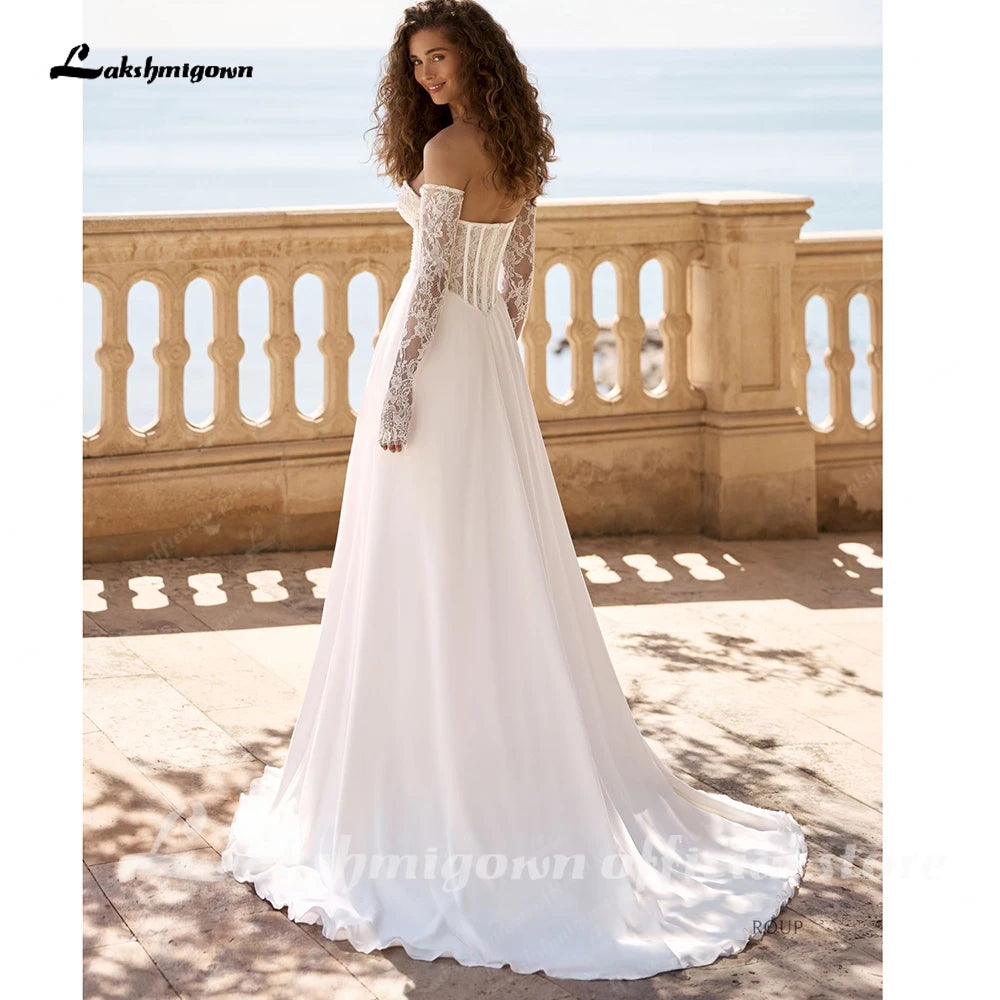 Lakshmigown Summer Wedding Dress Sweetheart Long Sleeves Illusion Lace Applique Slit Chiffon Bride Gown Customized