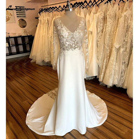 NumberSea Vintage Spitze Langarm Boho Brautkleider 2025 Abito Da Sposa Sexy Weiche Satin Brautkleid Tiefer Offener Rücken 