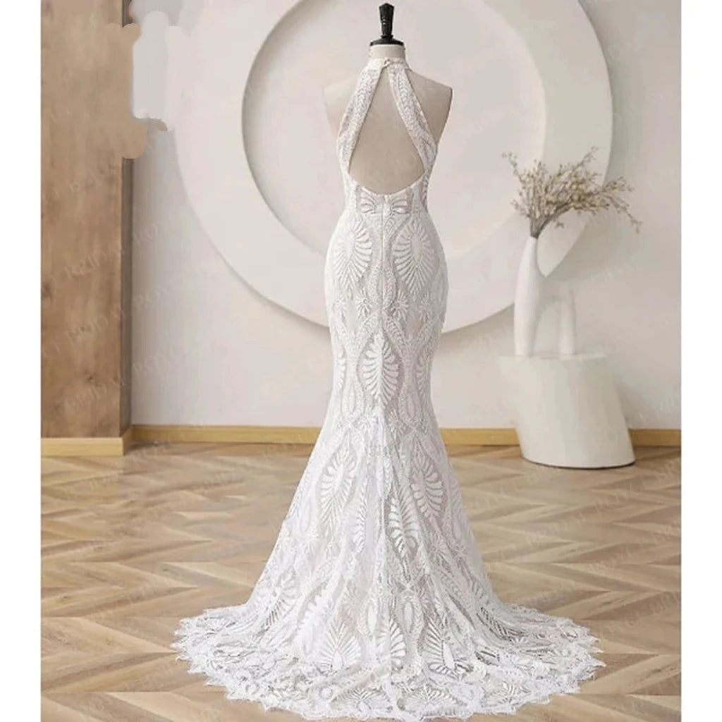 Lakshmigown Bohemian Wedding Dress for bride 2026 Halter Lace Boho Backless Beach Wedding Gown Vestido de novia Customized
