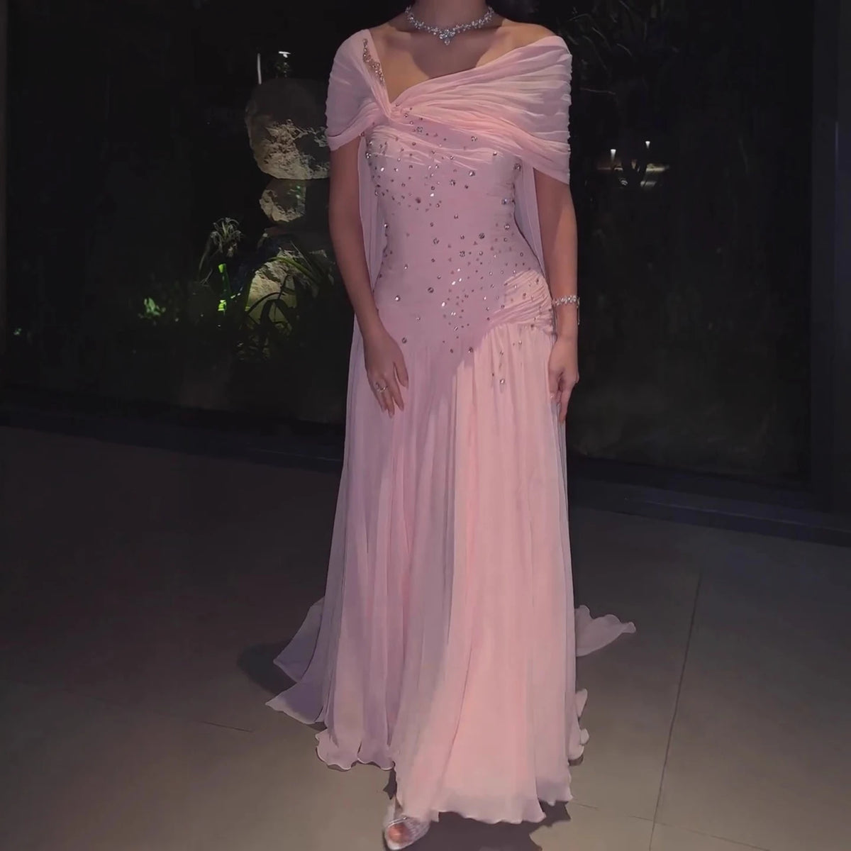 Serene Hill Pink Chiffon Mermaid Evening Gowns 2026 Elegant Mermaid Off-Shoulder Pleated Ruched Prom Dresses LA73347 Customized