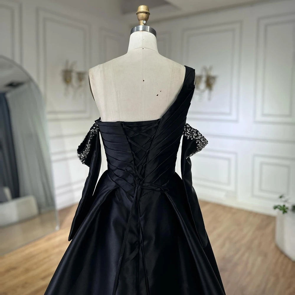 Serene Hill 2025 Elegant Black One-Shoulder A Line Beaded Evening Dresses Gowns with Sleeveless For Party DLA72741 Customized