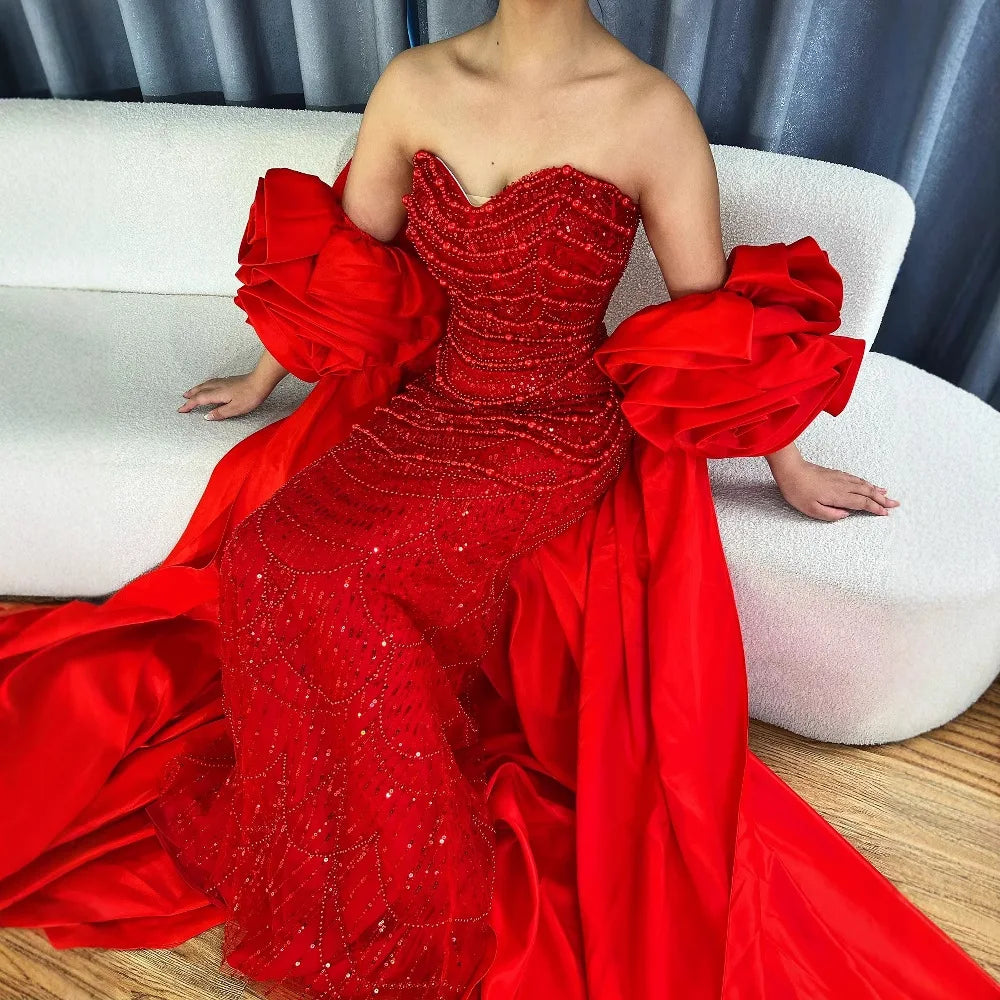 Serene Hill Red Strapless Mermaid Pearls Beaded Evening Dresses with Long Cape Wedding Party Gowns 2025 DLA72585A Customized