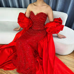 Serene Hill Red Strapless Mermaid Pearls Beaded Evening Dresses with Long Cape Wedding Party Gowns 2025 DLA72585A Customized