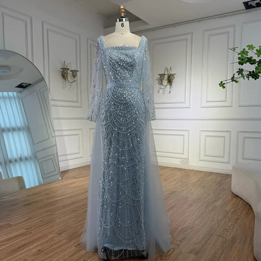 Serene Hill Green Square Collar Long Sleeve Mermaid Pearls Beaded Evening Party Gown Overskirt Dress DLA72032N Customized