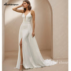 Lakshmigown Simple Mermaid Wedding Dresses V-Neck Split Backless Trumpet Spaghetti Straps Bridal Gown Vestidos De Noiva