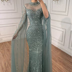Serene Hill Customized Turquoise Beaded Mermaid Evening Dress with Cape Sleeves 2026 Formal Party Gowns for Women DLA72714AA