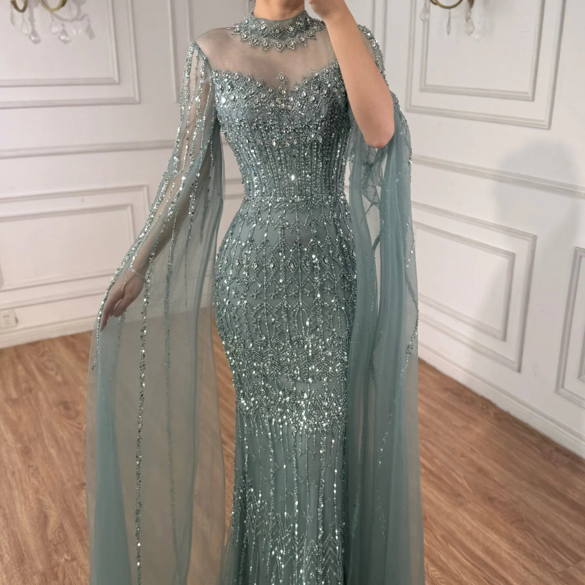 Serene Hill Customized Turquoise Beaded Mermaid Evening Dress with Cape Sleeves 2026 Formal Party Gowns for Women DLA72714AA