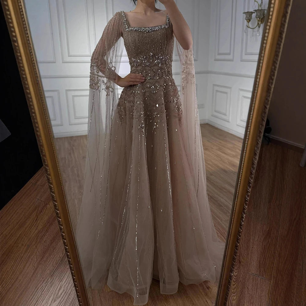 Serene Hill Red Square Collar A-Line Beaded Evening Dress with Cape Sleeves 2026 Party Gowns for Women DLA73089A Customized
