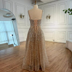 Abito da sera lussuoso color nude a linea A con perle e cristalli LA72983A